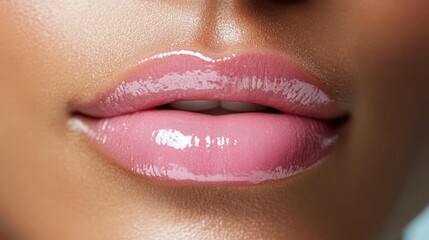 Obraz premium This close-up image beautifully captures glossy pink lips, showcasing a subtle shine that adds allure and elegance, perfect for beauty and cosmetic themes.