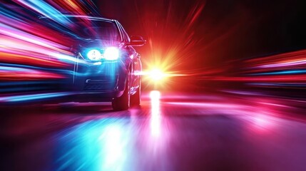 An exhilarating image captures a car in motion at night, enhanced by vibrant light trails that create a sense of speed and excitement in a modern urban environment.