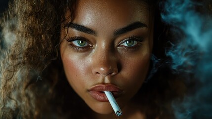 Fototapeta premium A striking close-up of a fashionable woman with captivating green eyes, smoking a cigarette, exudes confidence and allure, capturing an edgy yet artistic moment of self-expression.