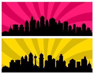 Cityscape silhouettes with colorful radial backgrounds representing