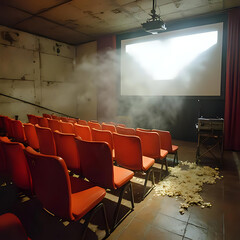 Empty vintage cinema with red seats, projector screen showing light beam and scattered popcorn on floor creating nostalgic theater atmosphere