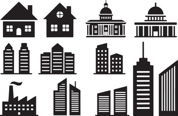 Minimal Black Silhouette Icon Set of Buildings. Skyscrapers, Homes, Offices, and Landmarks Vector Collection