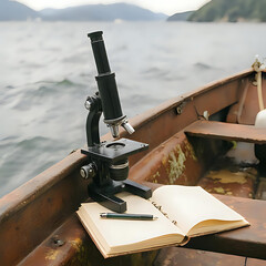 Black microscope and open notebook with pen in weathered wooden boat floating on water with hills in background - field research scene