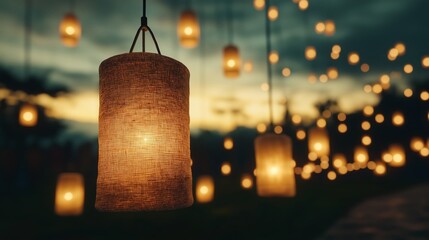 Warm Lantern Glow: Rustic lanterns, lit with warm light, hang suspended against a twilight sky, casting a gentle glow on the outdoor area.