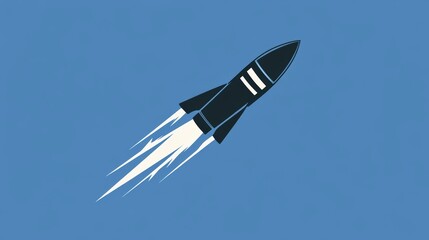 Naklejka premium A dark-grey rocket ascending against a light-blue backdrop, leaving a white trail.