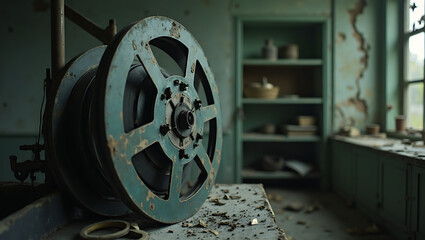 Vintage film reel in abandoned room with peeling green walls and dusty shelves creating nostalgic atmosphere of forgotten cinema history
