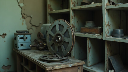 Vintage film reel in abandoned room with peeling green walls and dusty shelves creating nostalgic atmosphere of forgotten cinema history