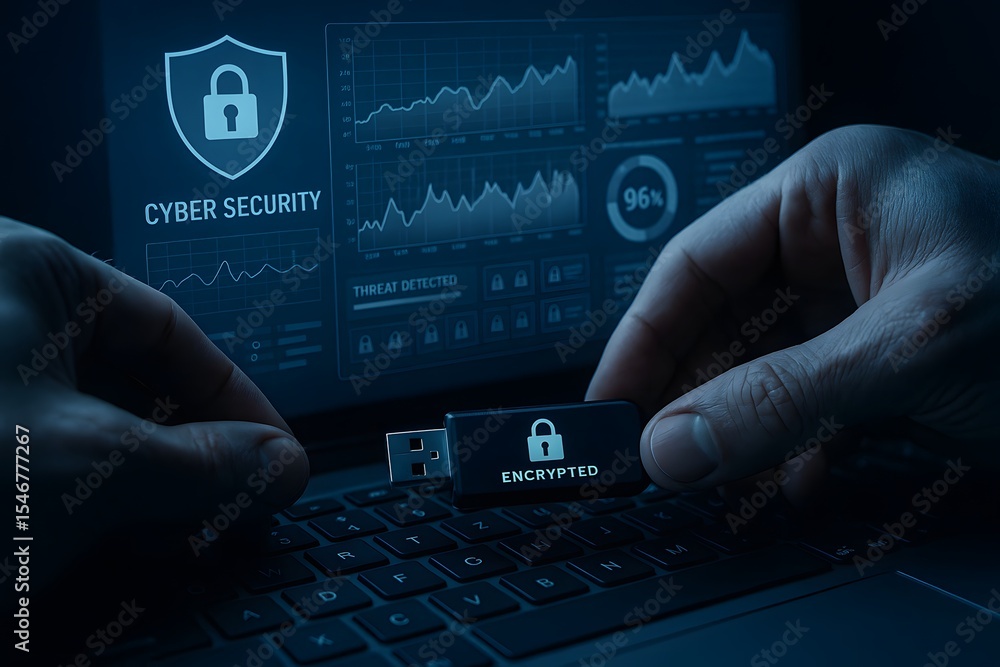 Poster hands connect an encrypted usb drive to a laptop displaying cyber security analytics, symbolizing da