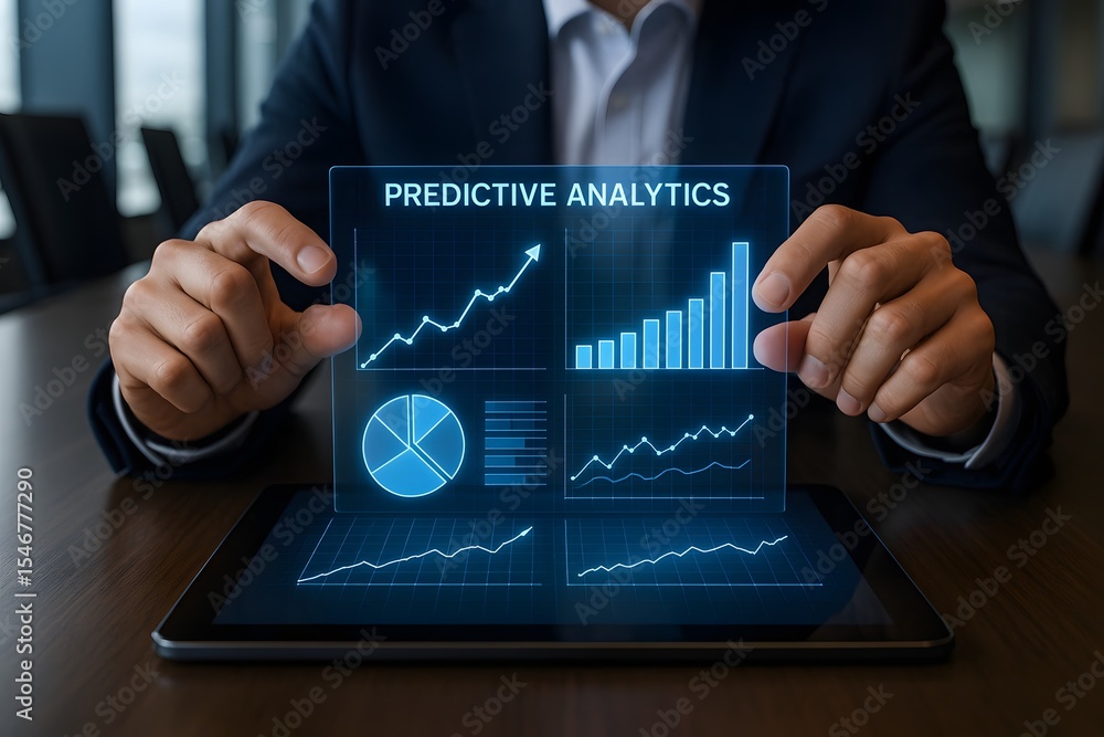 Poster a professional individual, hands gently present a futuristic holographic display, showcasing a cutti