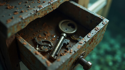 Collection of antique iron keys on weathered wooden surface with natural lighting creating mysterious vintage atmosphere - rustic treasure
