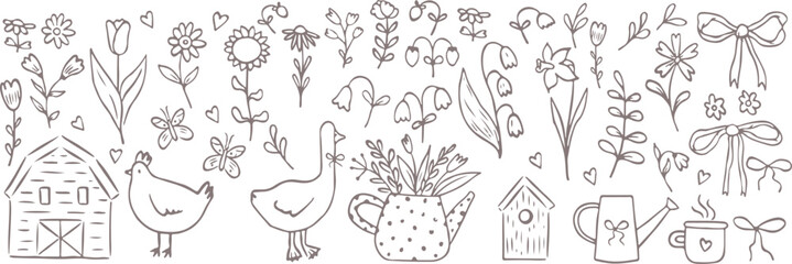 Handdrawn icon set of garden gardening plant flower farm chicken goose swan . Pixel perfect icons, editable stroke.