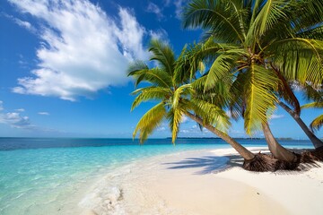 Obraz premium Tropical beach scene Palm trees white sand turquoise water free beach background