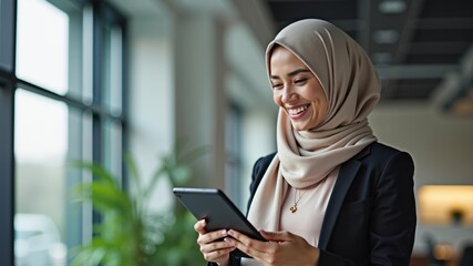 Smiling muslim businesswoman in hijab working on digital tablet while standing in modern office
