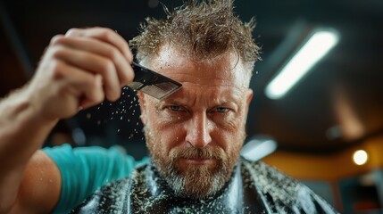 A barber meticulously cuts hair, showcasing the skilled craftsmanship and attention to detail that go into creating stylish looks for clients in a modern barbershop setting.