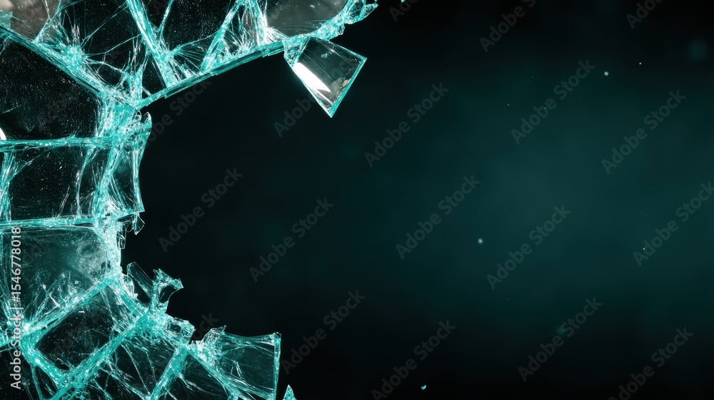 Poster a stunning close-up of shattered glass pieces highlighting jagged edges and a dark gradient backgrou