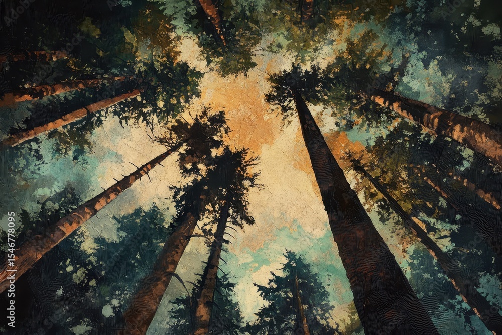 Poster looking up through evergreen trees in a serene forest setting during daytime, evergreen trees in the