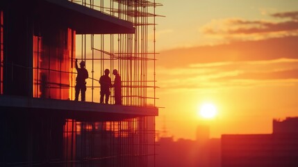 Silhouetted construction workers on a high-rise building balcony at sunset.