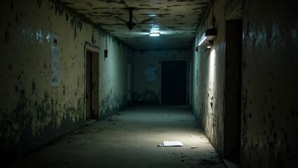 Eerie abandoned hallway with peeling paint, fluorescent lighting, paper on floor casting shadow, decaying walls, horror atmosphere, desolate