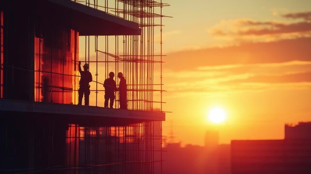 Silhouetted construction workers on a high-rise building balcony at sunset.