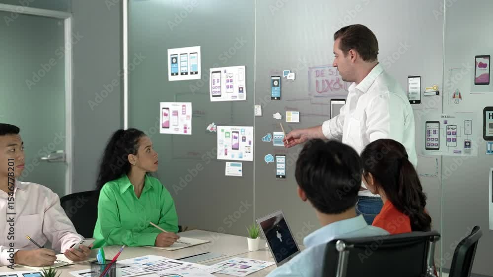 Poster group of professional business people discuss about using ux and ui design. cooperative diverse busi