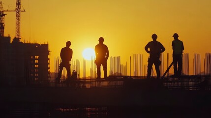 Silhouetted construction workers on a highrise building at sunset.