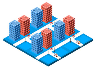 Modern city with skyscrapers and moving vehicles in isometric view