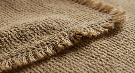 Close-up of Textured Beige Fabric with Frayed Edge, Rustic and Natural Fiber Detail