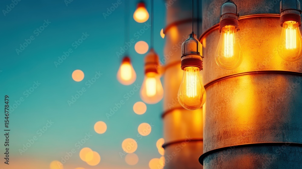 Poster a mesmerizing array of glowing light bulbs suspended from above, set against a backdrop of soft colo