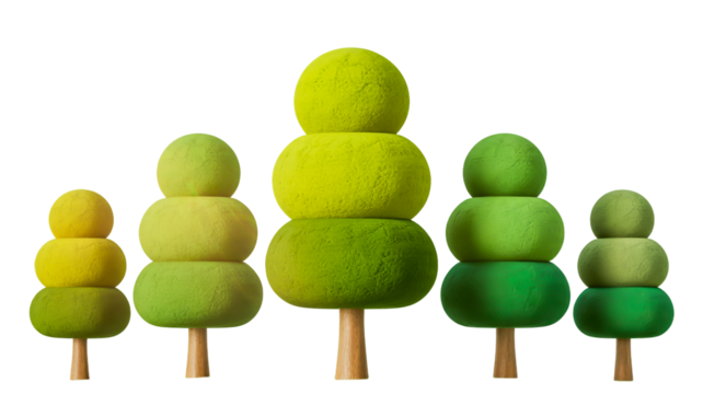 A set of five stylized cartoon trees arranged in a horizontal line against  isolated on a transparent background.