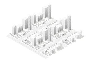 Modern city center with skyscrapers, streets and trees forming