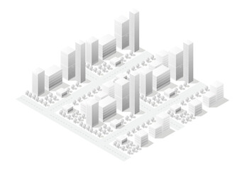 Modern city center with skyscrapers, streets and trees forming