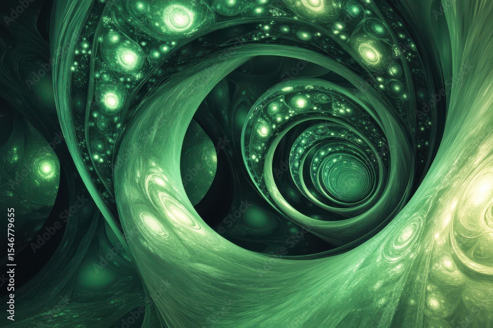 Poster exploring a green fractal tunnel that transports the viewer through a cosmic and abstract sky view, 