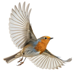 European robin in flight wings spread wide