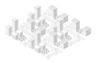 Modern city center with skyscrapers, streets and trees forming