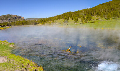 Scenic landscape view of a spring of boiling water in the geothermal area of the Terrace Springs in Yellowstone National Park. No people.