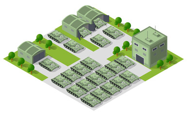 Military base with tanks, missile launchers, and buildings managing