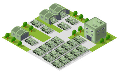 Military base with tanks, missile launchers, and buildings managing