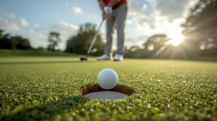 golf player putting golf ball into hole, white golf ball precariously balanced at the edge of a golf hole on a vibrant green putting green. In the blurred background, a golfer is visible