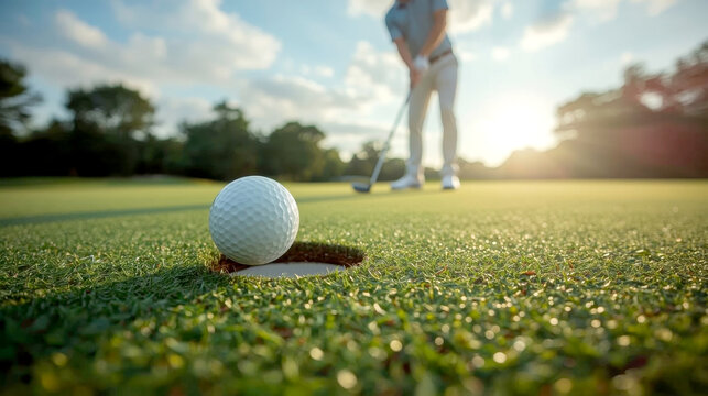 golf player putting golf ball into hole, white golf ball precariously balanced at the edge of a golf hole on a vibrant green putting green. In the blurred background, a golfer is visible