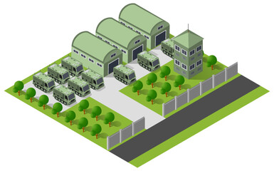 Military base with tanks, missile launchers, and buildings managing