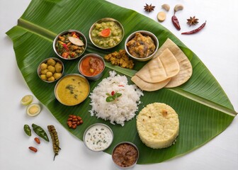 Happy Onam, an Indian festival, Kerala Onam - Sadya  Onam Vishu Pongal Diwali festival vegetarian food Kerala Tamil Nadu South India.