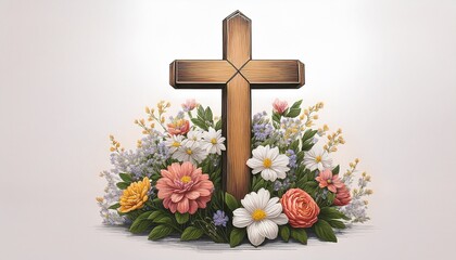 christian cross surrounded by flowers in vintage style isolated illustration transparent background