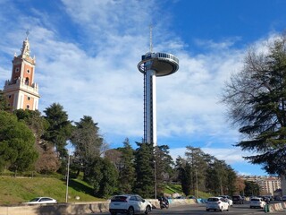 Urban landscape with torre de moncloa and traffic in madrid on a sunny winter day. Moncloa...