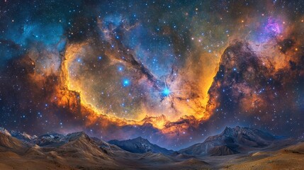 Fototapeta premium Vibrant nebula above majestic mountain range at night.