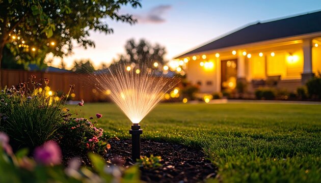 Water sprinkler spraying under summer night sky in a suburban backyard, warm house lights in the background, glowing bokeh droplets - Powered by Adobe