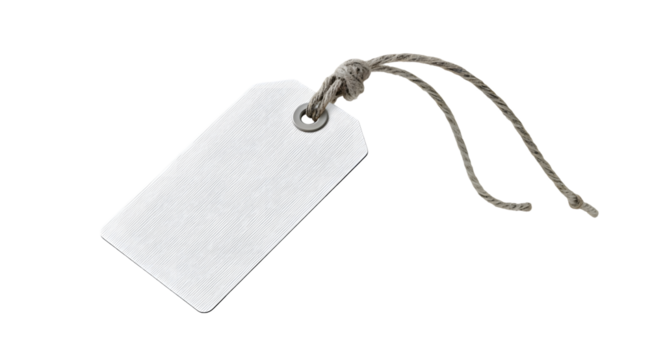 Blank white gift tag with rustic string and metal hole for text eco diy on transparent background