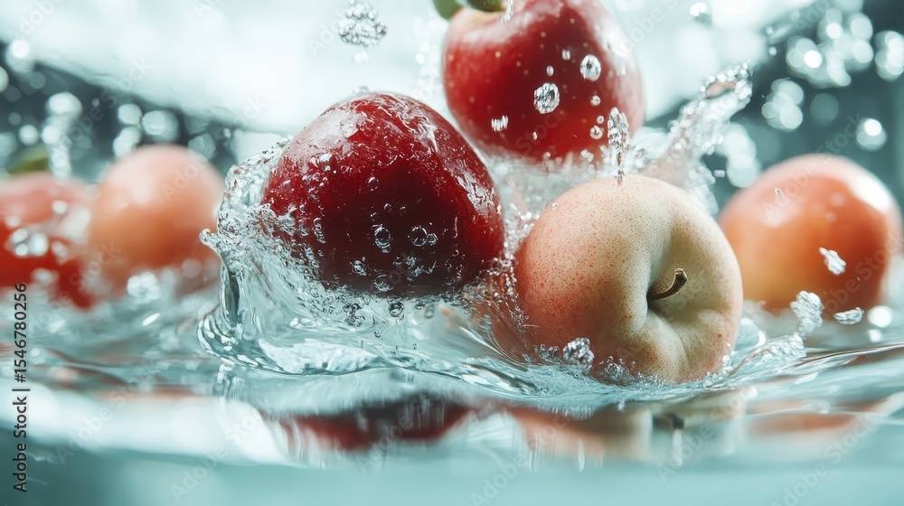 Poster a stunning display of fresh apples splashing into water creates a dynamic and refreshing visual, sym