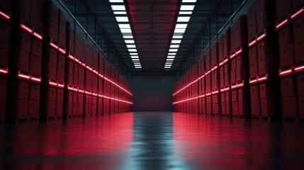 Fototapeta premium An intriguing view of a futuristic warehouse illuminated by red lighting creates a bold atmosphere, evoking feelings of innovation and modern industry.