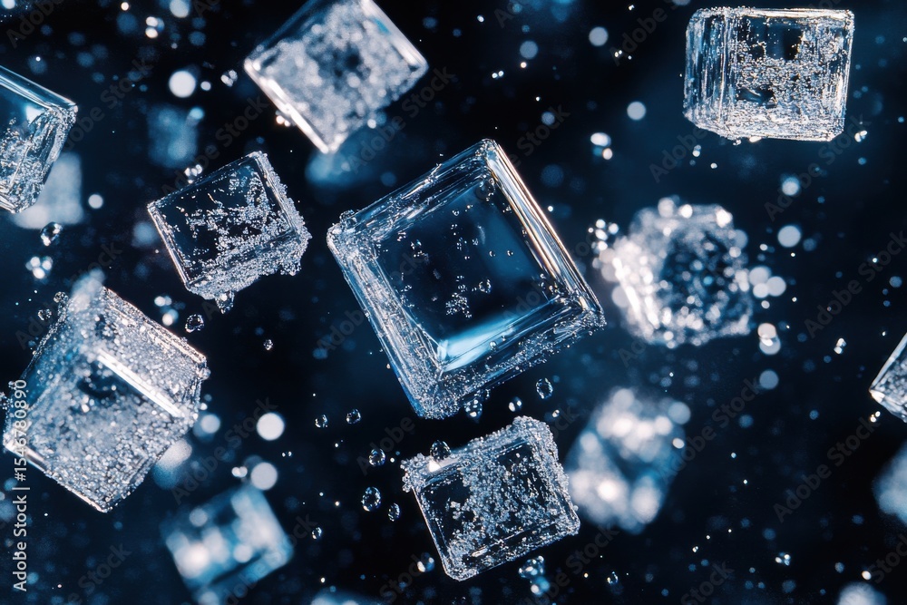 Poster ice cubes cascade through dark blue background creating a refreshing visual effect, ice cubes fallin