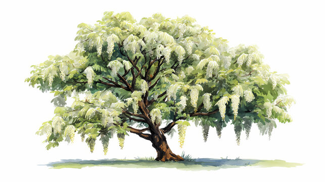 Watercolor Illustration of Kachnar Tree (Bauhinia) &ndash; Pink Orchid-Like Flowers on Branches